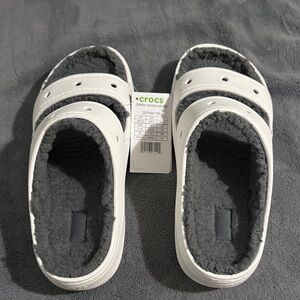 CROCS White and Gray Fuzzy Sandals